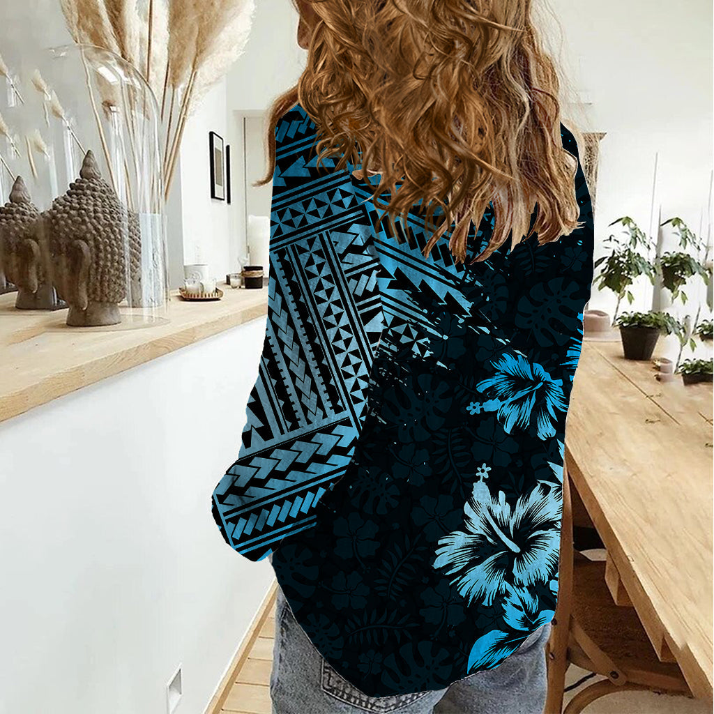 Hawaii Sommer Damen Casual Shirt Mix Polynesian Schwarz-Blau LT6