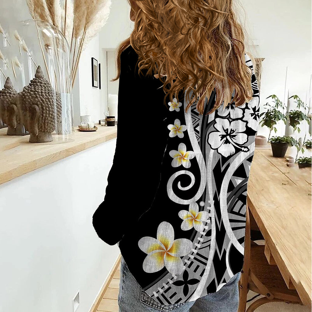 Plumeria Polynesian Damen Freizeithemd Trendy Schwarz LT6