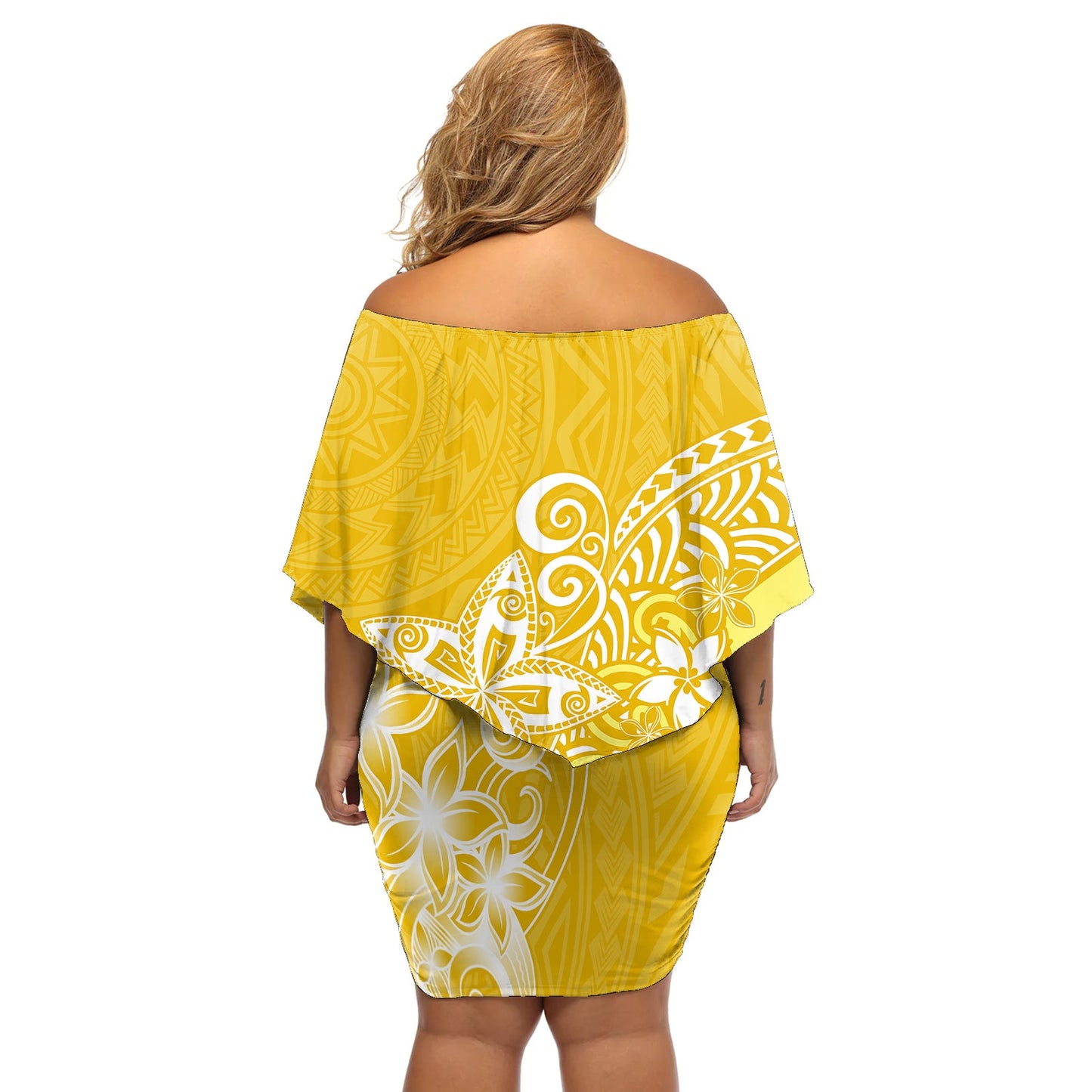 Polynesia Schulterfreies Kurzes Kleider Blumen Plumeria Gelb Curves LT7