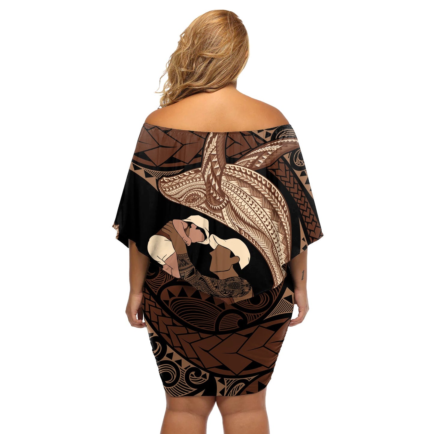 Vatertag Polynesisches Muster Schulterfreies Kurzes blumen kleid Tropischer Buckelwal LT7