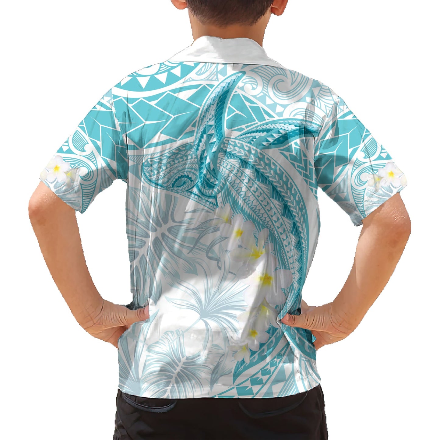Polynesien Buckelwal Hawaiihemd Tropische Plumeria Türkis LT7