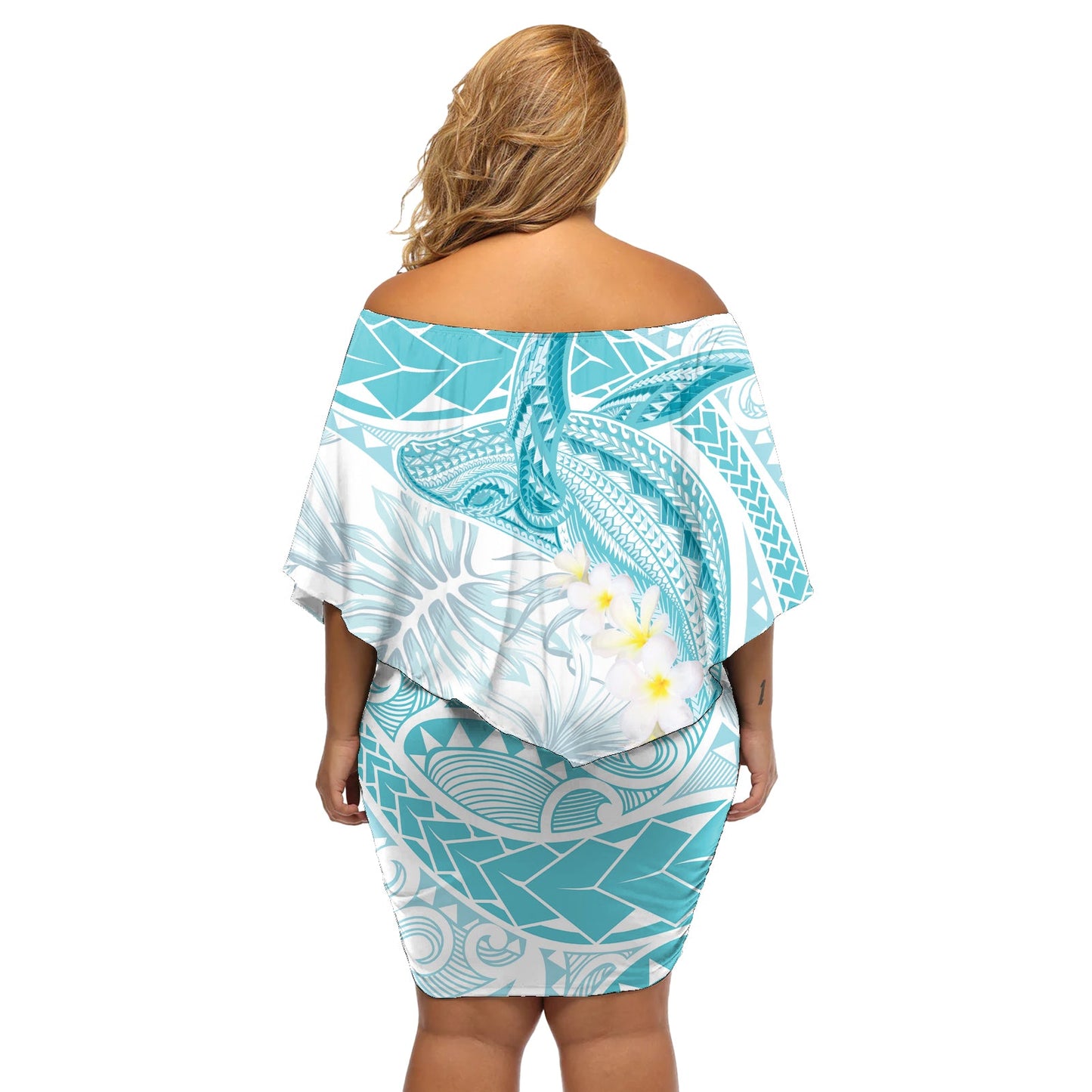 Polynesien Buckelwal Off Shoulder Kurzes blumen kleid Tropical Plumeria Türkis LT7