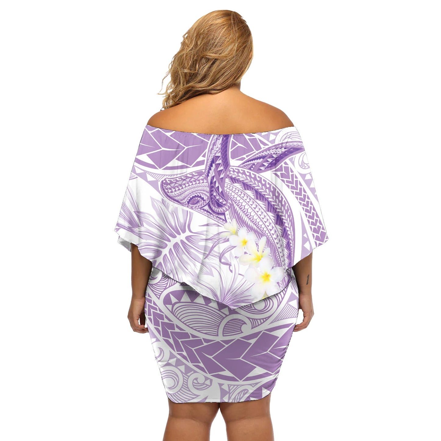 Polynesien Buckelwal Off Shoulder Kurzes blumen kleid Tropische Plumeria Lavendel LT7