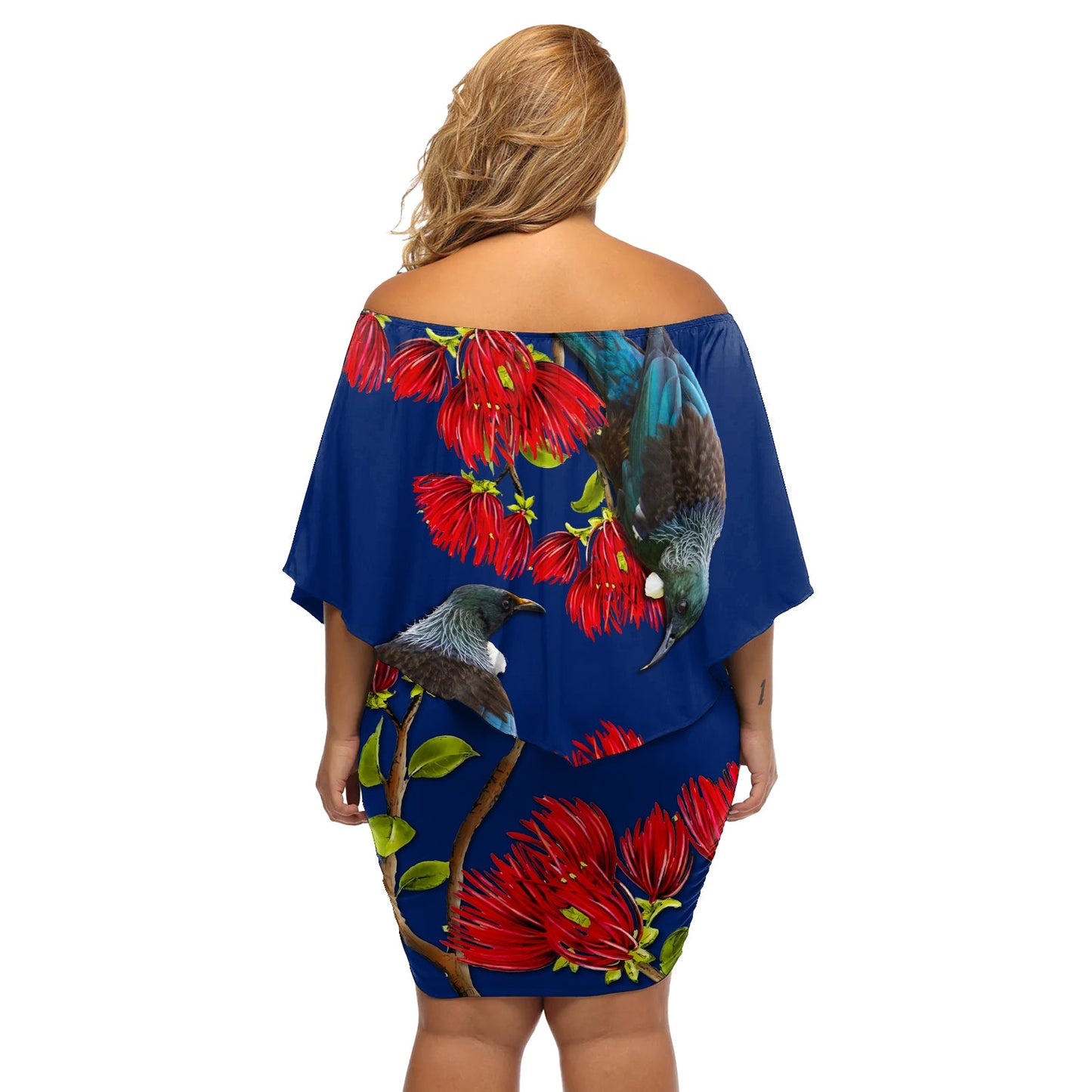 Neuseeländisches Pohutukawa mit Tui-Vögeln, schulterfreies, kurzes Kleid blumen, Version 2 LT7