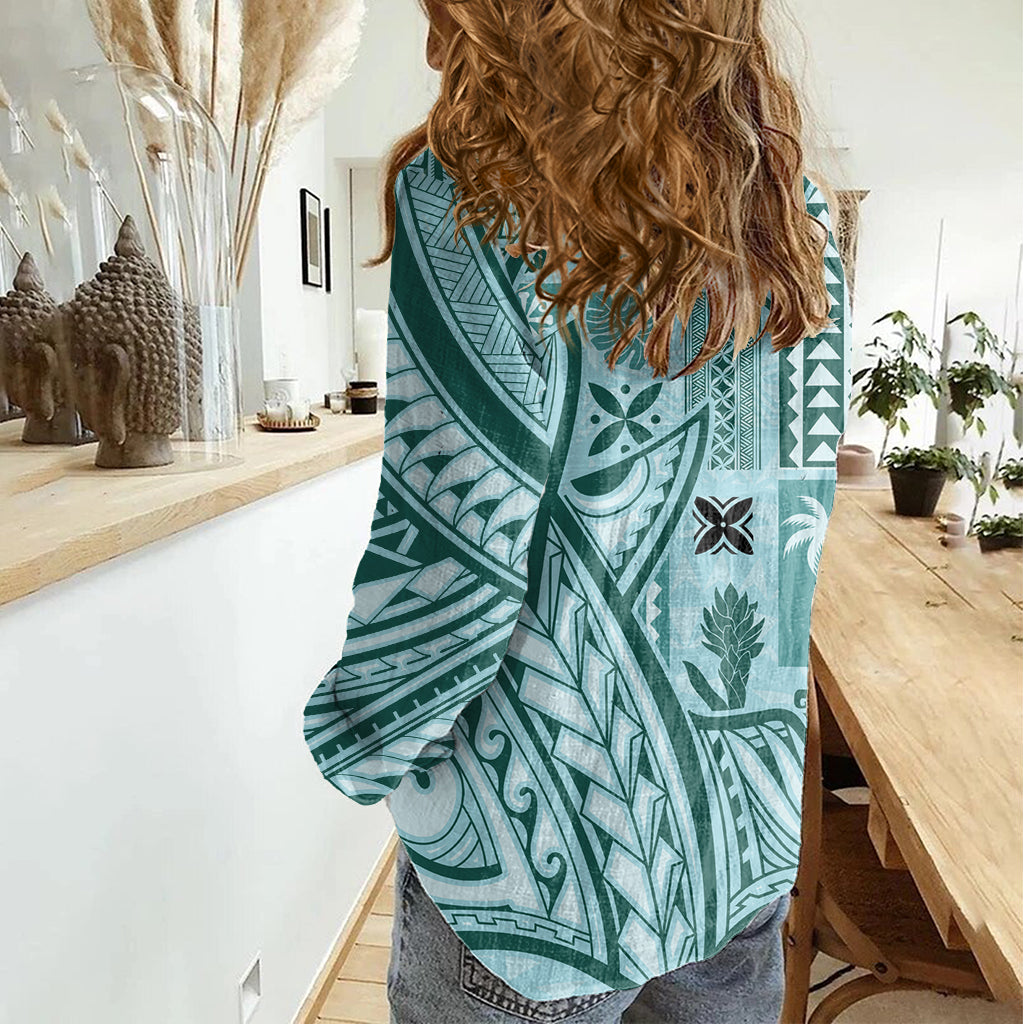 Samoa Tapa Damen Freizeithemd Siapo Mix Tatau Muster - Teal LT7