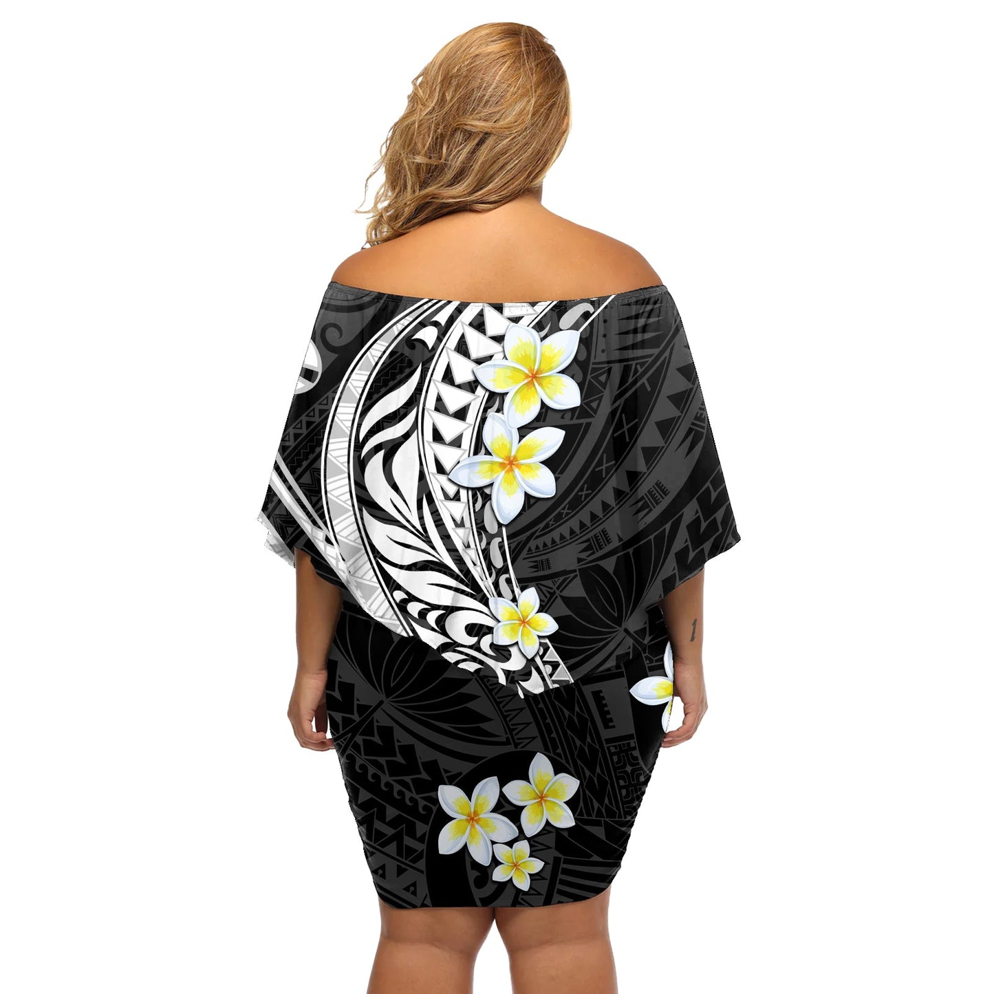 Hawaii Aloha Schulterfreies Kurzes Kleid blumen Plumeria Vintage - Schwarz LT7