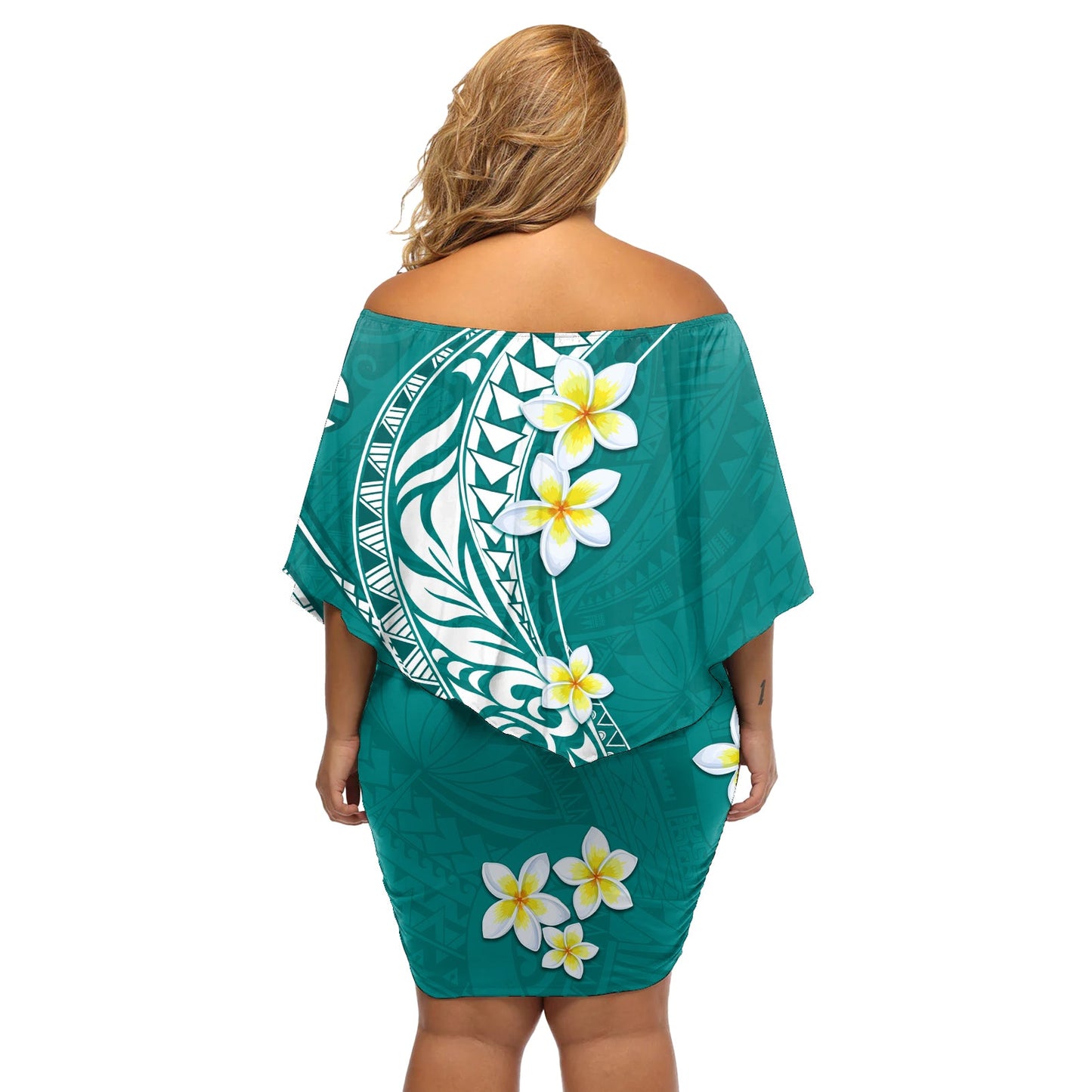 Hawaii Aloha Schulterfreies Kurzes Kleid blumen Plumeria Vintage - Teal LT7