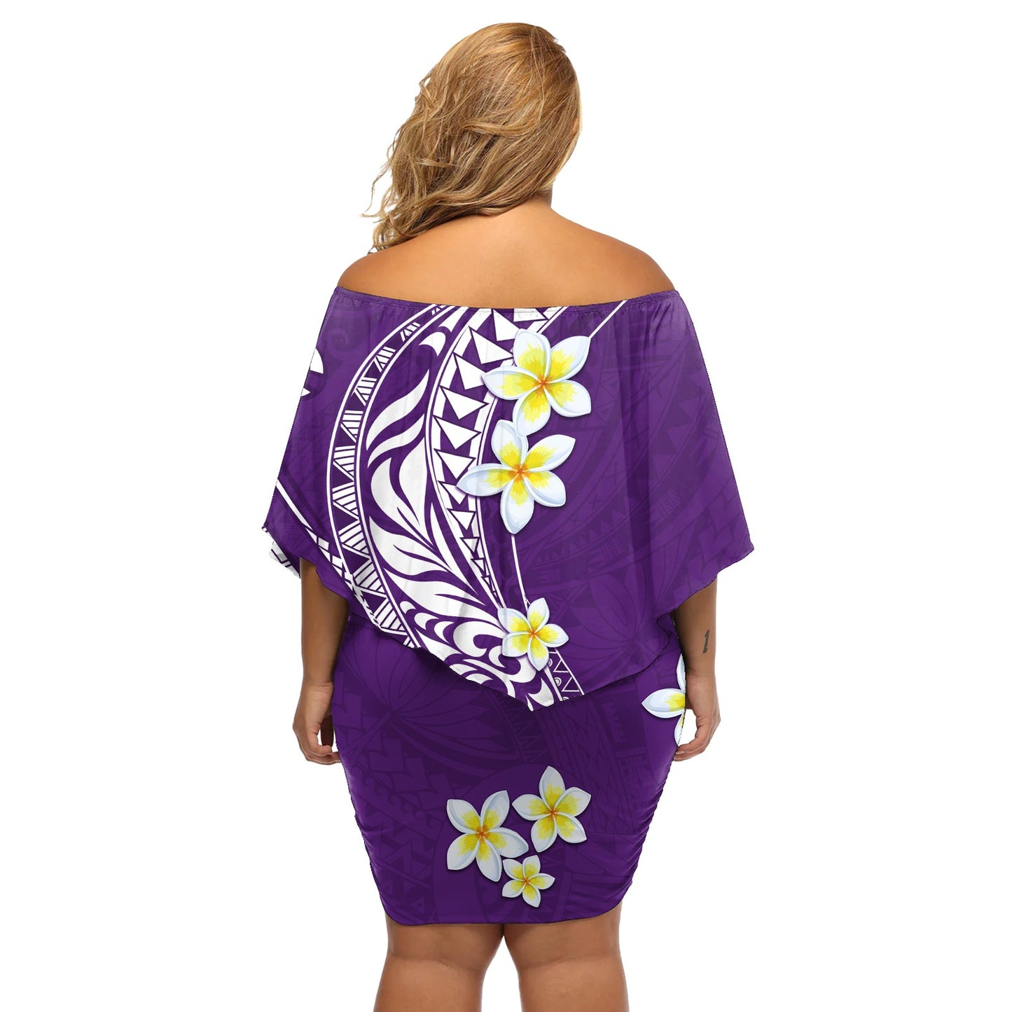 Hawaii Aloha Schulterfreies Kurzes Kleid blumen Plumeria Vintage - Violett LT7