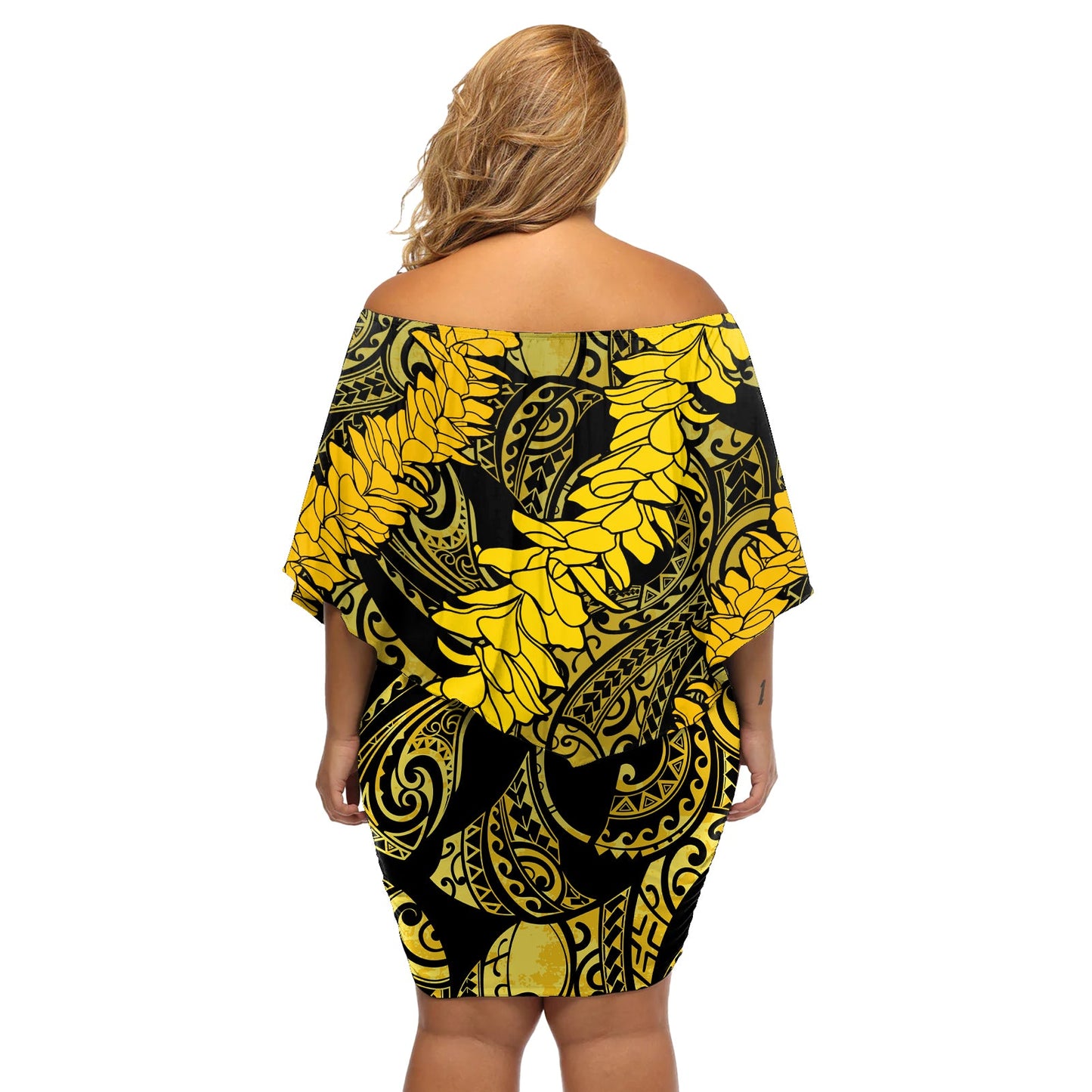 Hawaii Oahu Ilima Lei Schulterfreies Kurzes Kleid blumen LT7