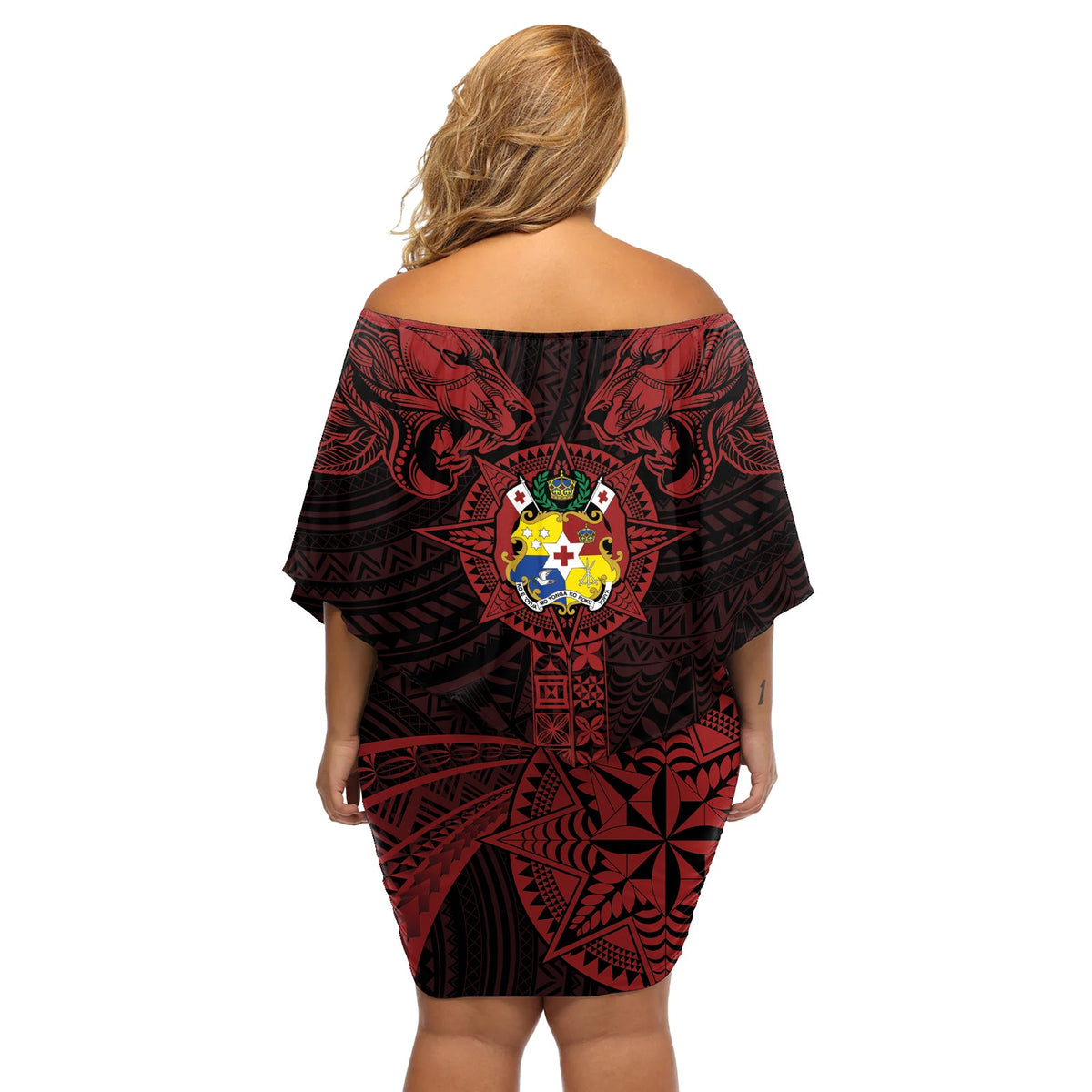 Tonga Unabhängigkeitstag, schulterfreies, kurzes Kleider blumen, Tongatapu-Löwe-Ngatu-Motive, Schwarz, Ver. LT7
