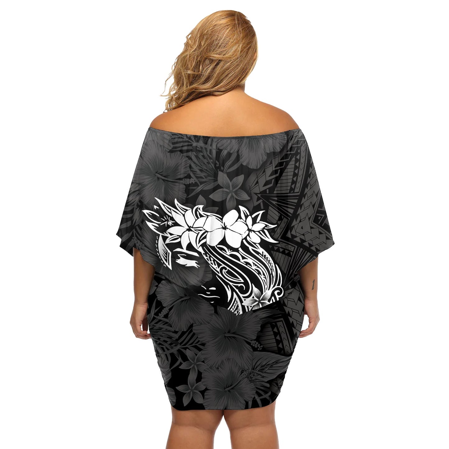 Polynesisches Damen-Tageskleid mit schulterfreiem Schulterdekolleté Plumeria Passion – Schwarz LT7