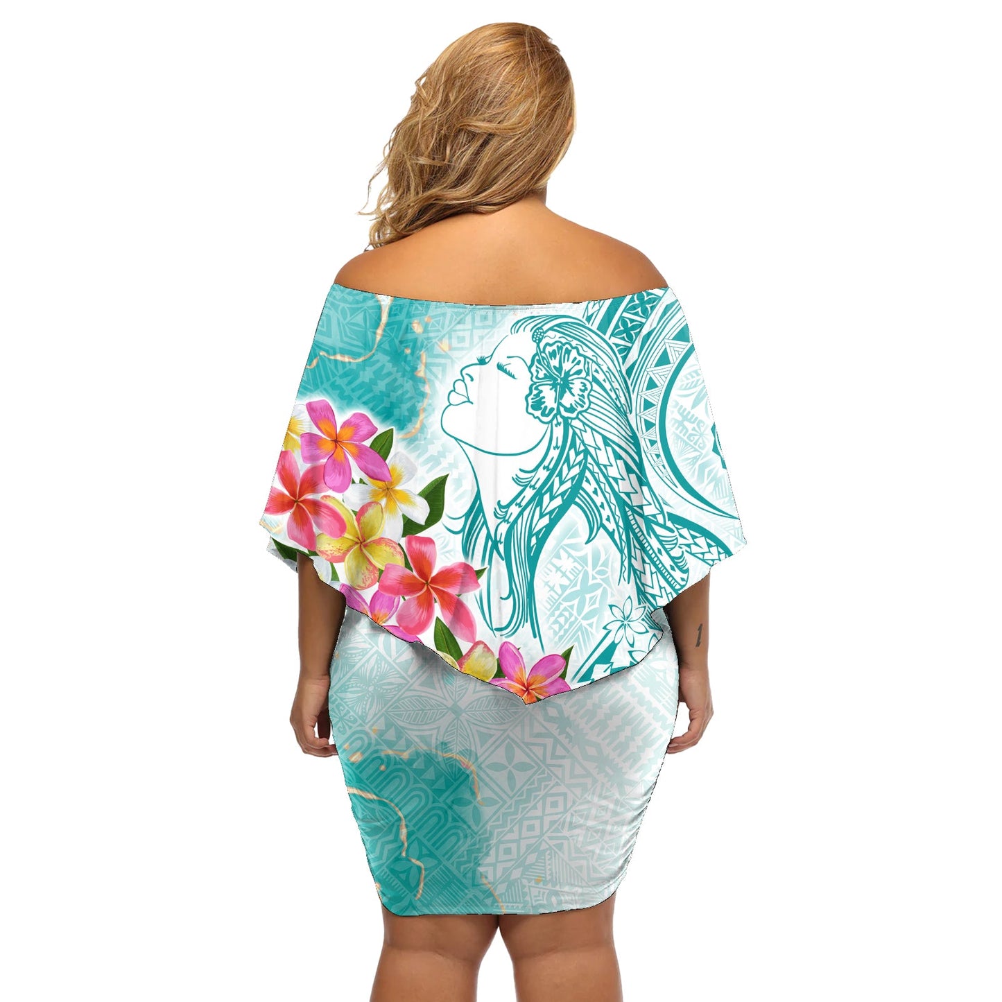 Polynesischer Frauentag Wahine schulterfreies kurzes Kleid blumen Plumeria Marmorglasur - Blaugrün LT7