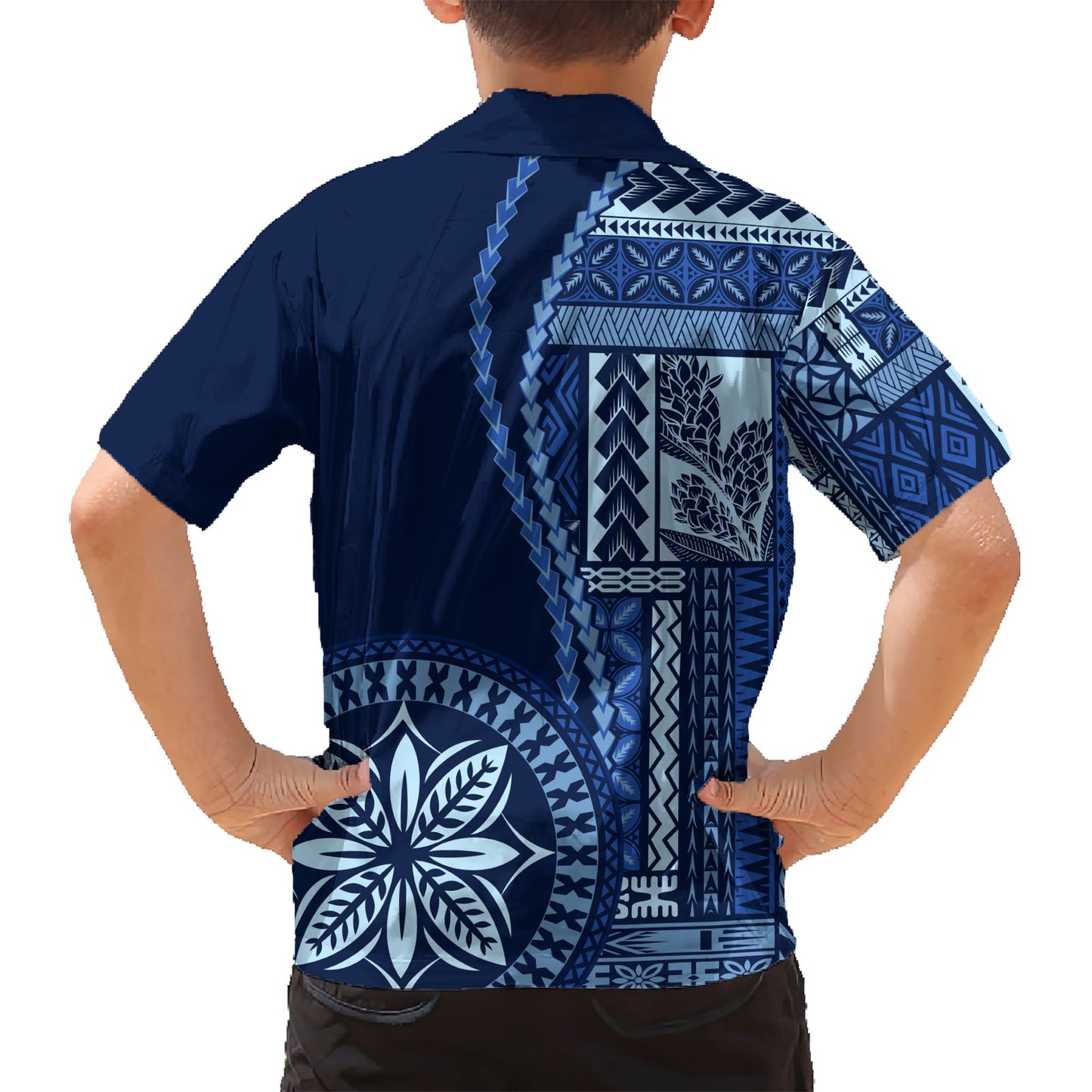 Hawaiihemd im klassischen Stil mit Samoa-Siapo-Motiv – Blaue Version LT7