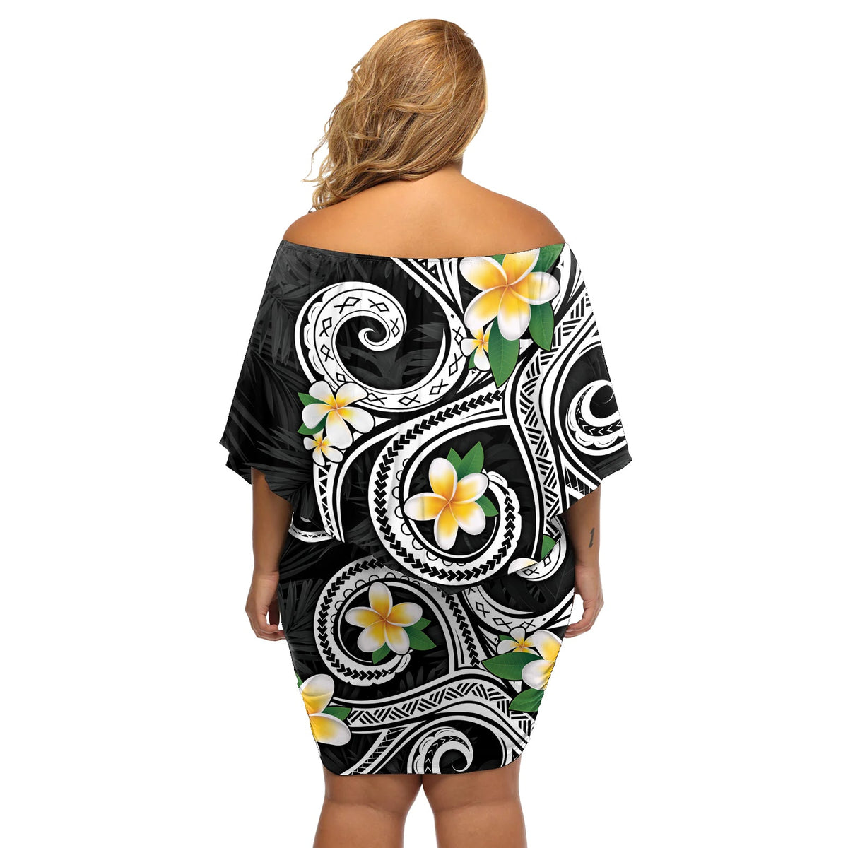 Kanaka Maoli Hawaii Plumeria Schulterfreies Kurzes Kleid mit blumen Tanzende Tentakeln Schwarz Stil LT7