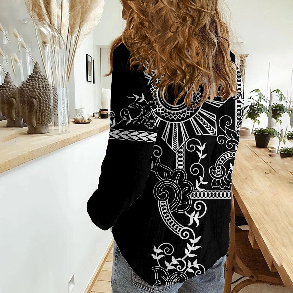 Filipino Sun Tribal Tattoo Damen Casual Shirt Philippinen inspiriert Barong Simple Schwarz LT9