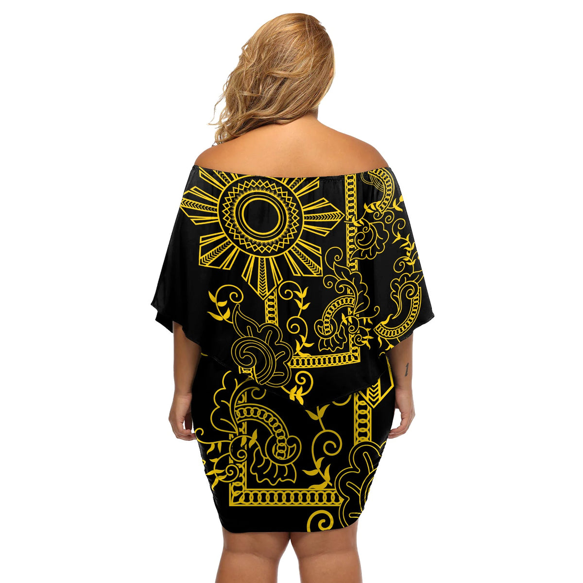 Filipino Sun Tribal Tattoo Off Shoulder Kurzes Kleider blumen Philippinen inspiriert Barong Simple Gold LT9