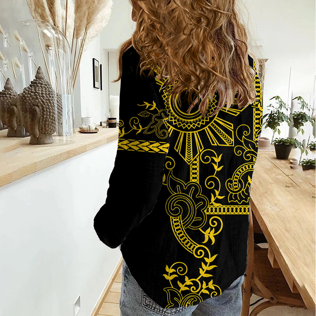 Filipino Sun Tribal Tattoo Damen Casual Shirt Philippinen inspiriert Barong Simple Gold LT9