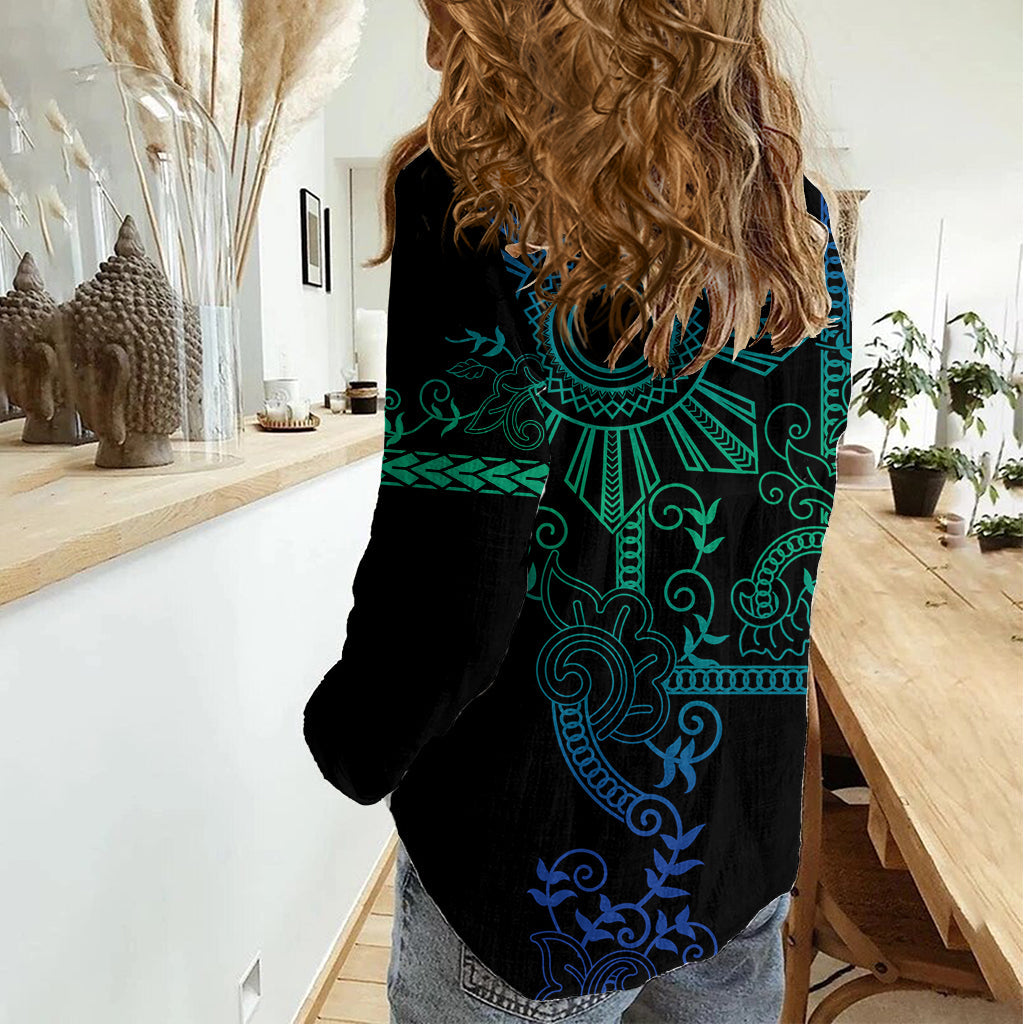Filipino Sun Tribal Tattoo Damen Casual Shirt Philippinen inspiriert Barong Blue Art LT9