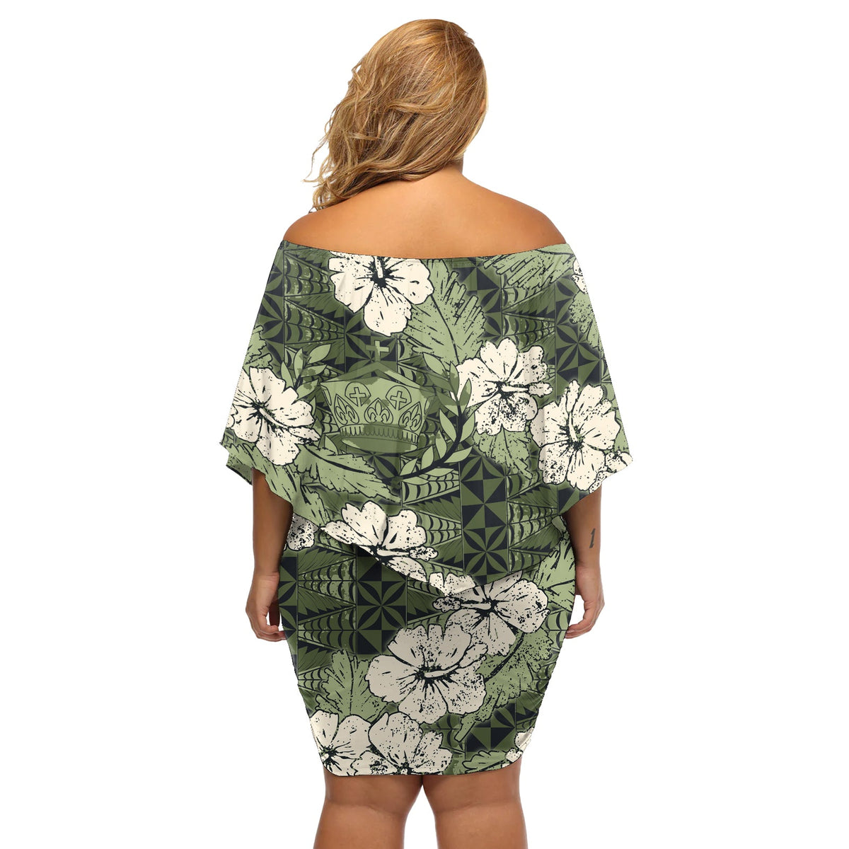 Tonganisches Kupesi Ngatu Hibiscus Vintage-Motiv, schulterfreies, kurzes blumen kleid LT9