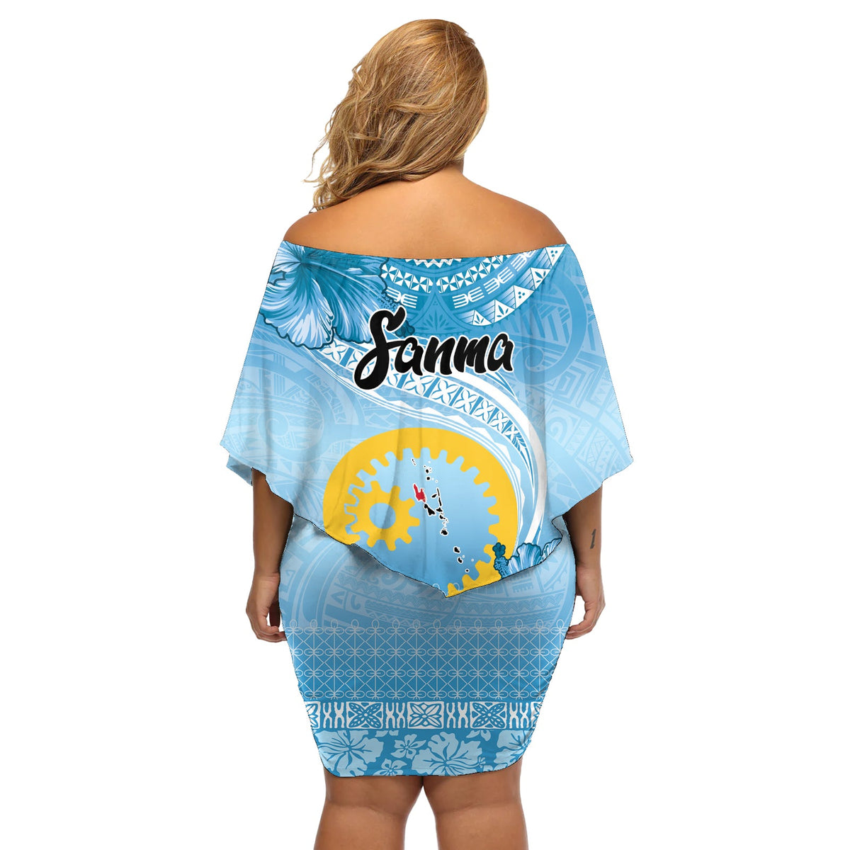 Sanma Vanuatu Off Shoulder Kurzes blumen kleid Hibiscus Sand Zeichnung mit Pacific Muster LT9