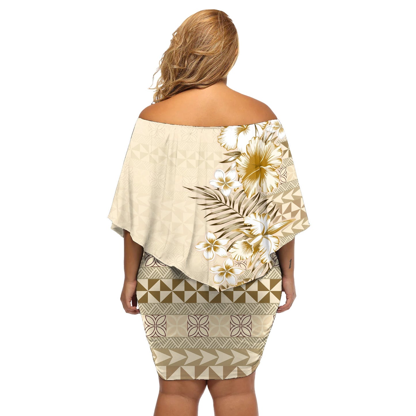 Pasifika Sataoa Muster Plumeria Vintage Off Shoulder Kurzes Kleid blumen Beige Tan LT9
