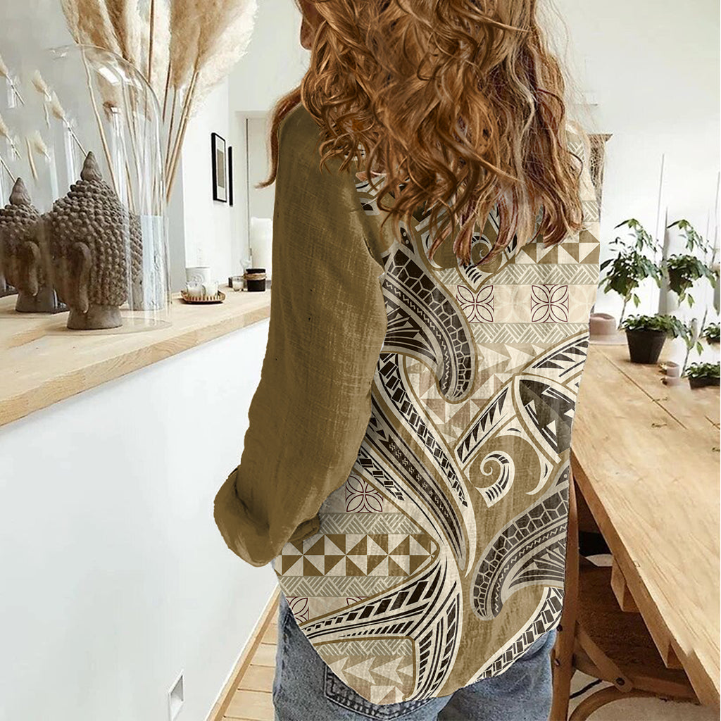 Vintage Hammerhai Valentinstag Damen Freizeithemd Pasifika Sataoa Muster - Beige Tan LT9