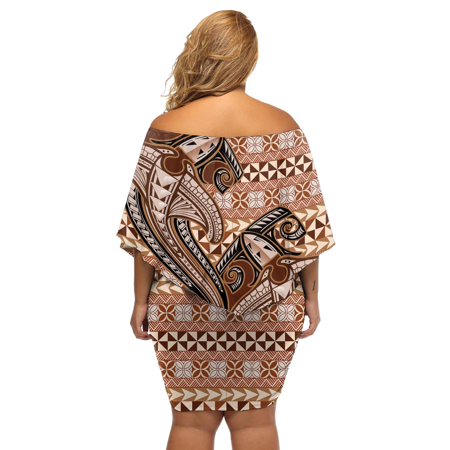 Vintage Hammerhai Valentinstag schulterfreies kurzes Kleid blumen Pasifika Sataoa Muster - Braun Beige Hellbraun LT9