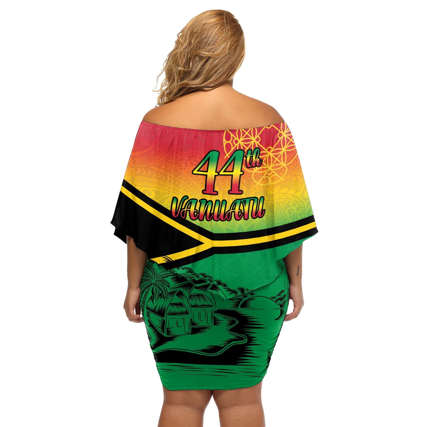 Hapi 44. Unabhängigkeitserklärung Vanuatu, schulterfreies, kurzes Kleid blumen Yumi 1980 mit Strandlandschaft aus Vanuatu, LT9