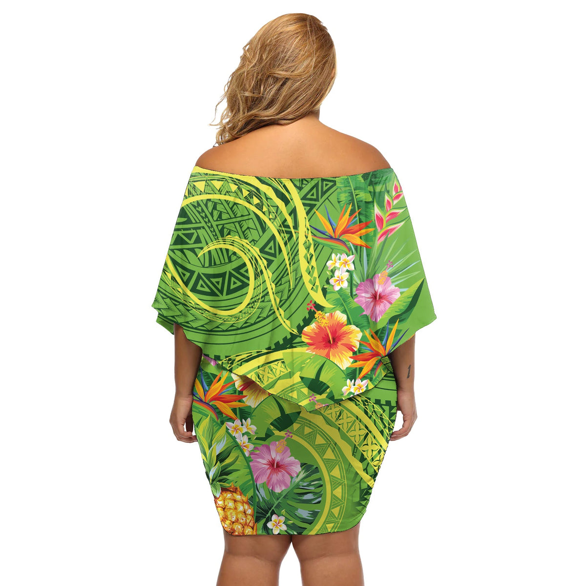 Polynesisches Tribal Blumen Tattoo Schulterfreies Kurzes Kleid blumen Special Lime Green Vibe LT9