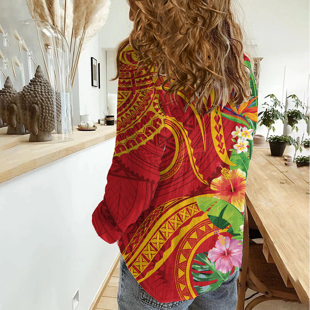 Polynesianisches Tribal Blumen Tattoo Damen Casual Shirt Special Vermilion Vibe LT9