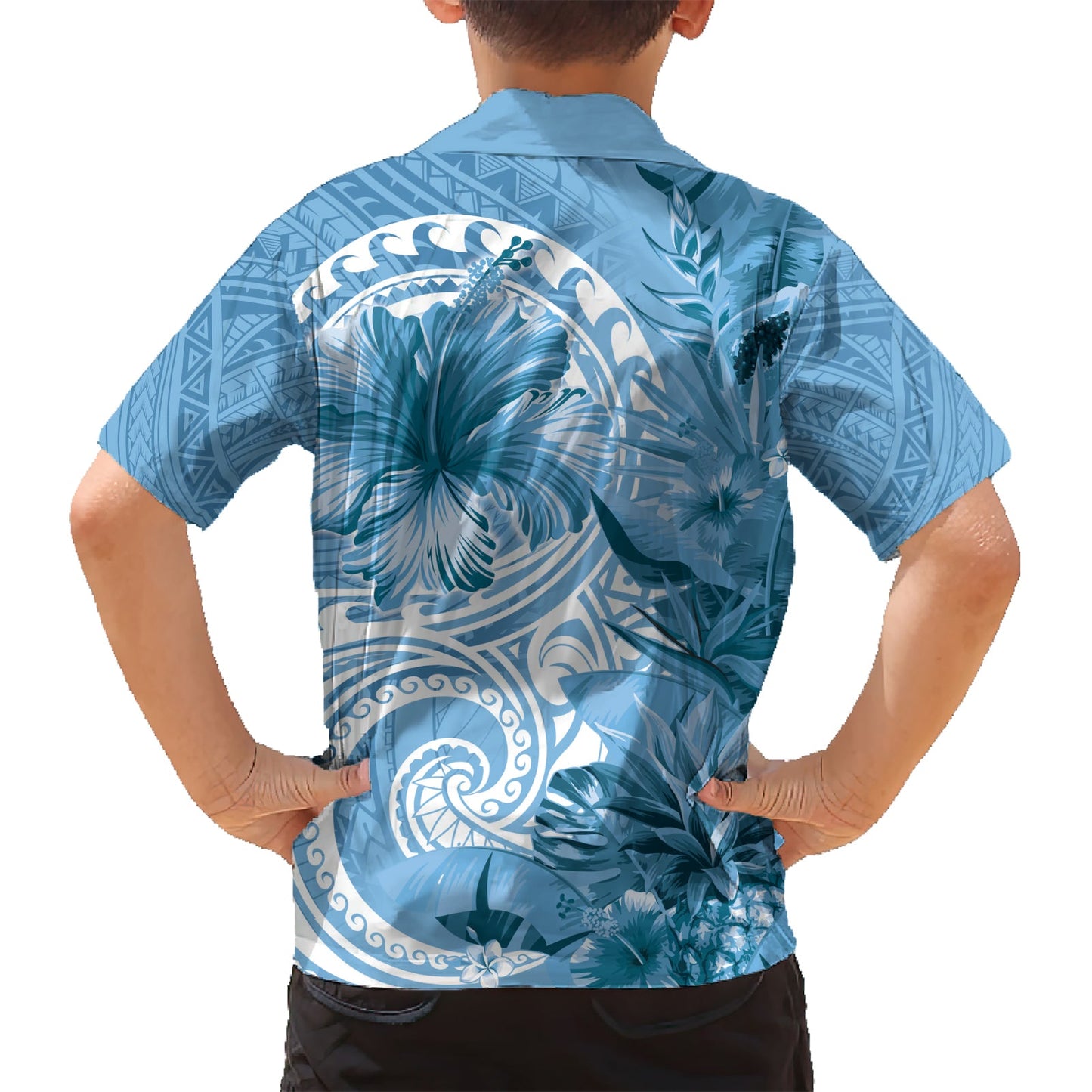 Polynesisches Hibiskusblüten-Tribal-Hawaii-Hemd in Blau LT9