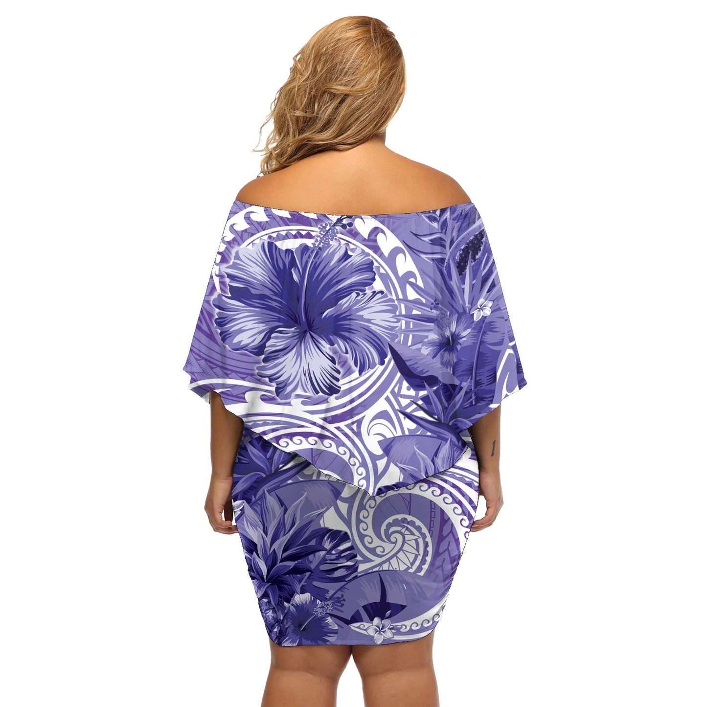 Polynesisches Hibiskusblüten-Tribal-Kleid blumen mit schulterfreiem Schulterbereich, violette Farbe, LT9