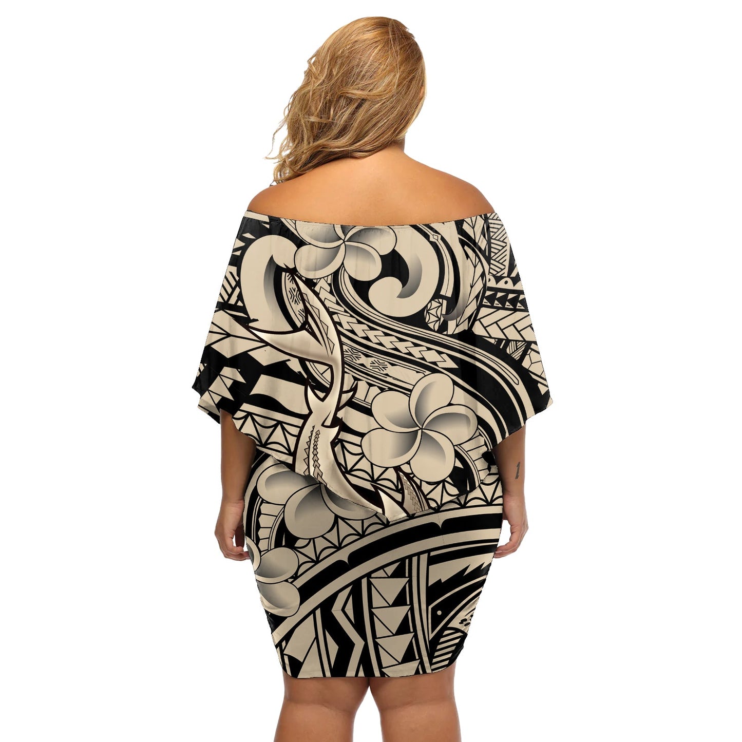 Polynesisches Hai-Tribal-Tattoo, schulterfreies kurzes Kleid blumen, Beige, Stil LT9