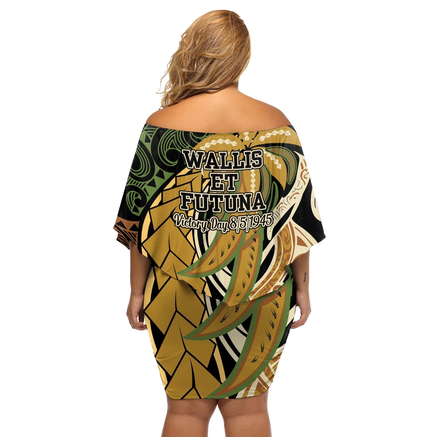 Wallis und Futuna Victory Day Schulterfreies kurzes Kleid blumen seit 1945 mit polynesischem Platin-Blumen-Tribal LT9