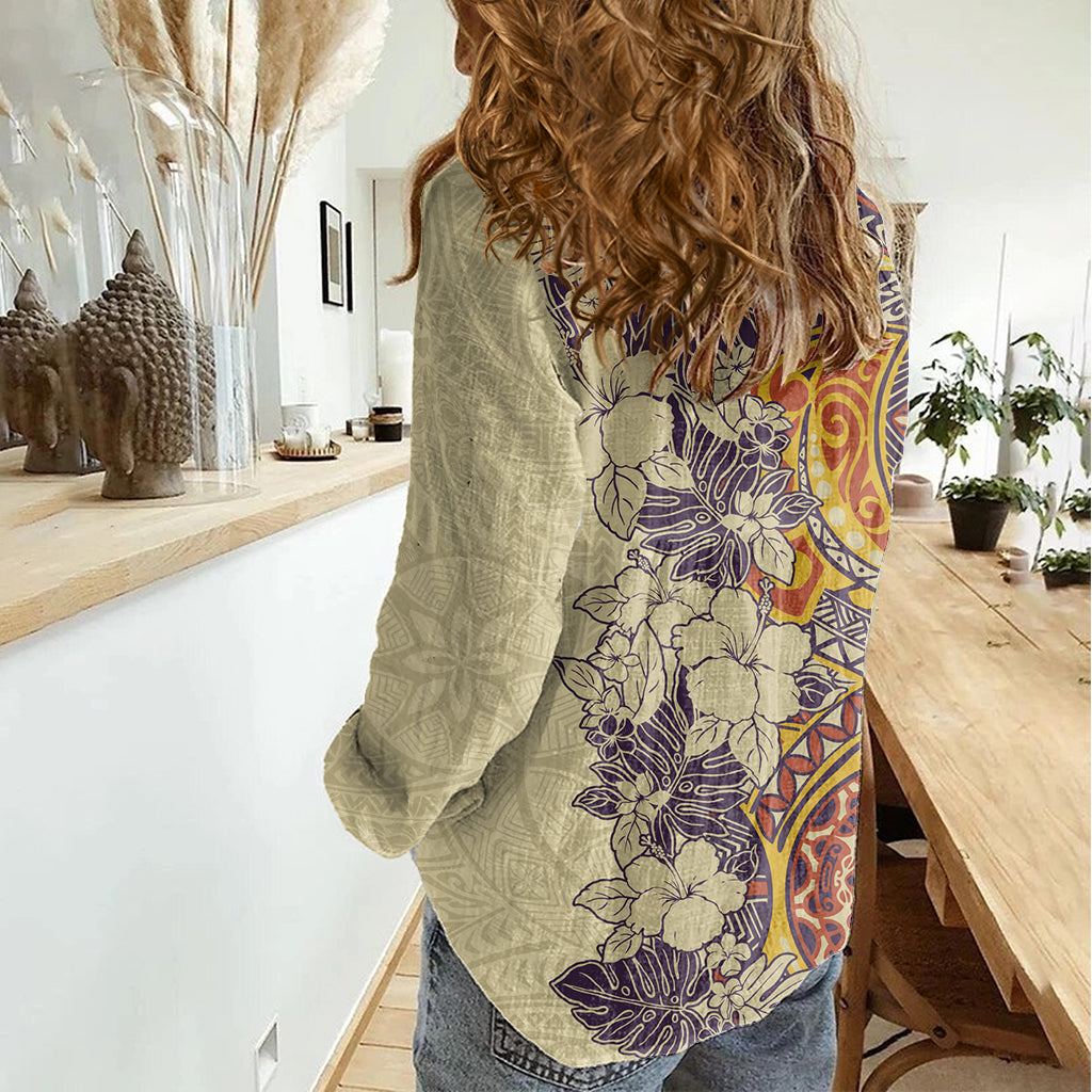 Polynesia Damen Freizeithemd Hibiskus und Hawaiian Tribal Tattoo Retro Style Hellbraun Farbe LT9