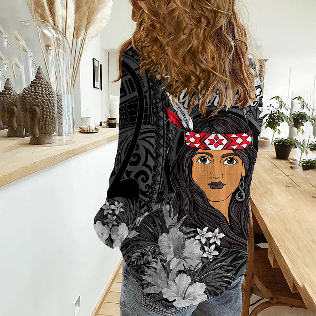 Neuseeland Custom Women's Day Frauen Casual Shirt Maori Mädchen Federn der Hoffnung - Schwarz LT9