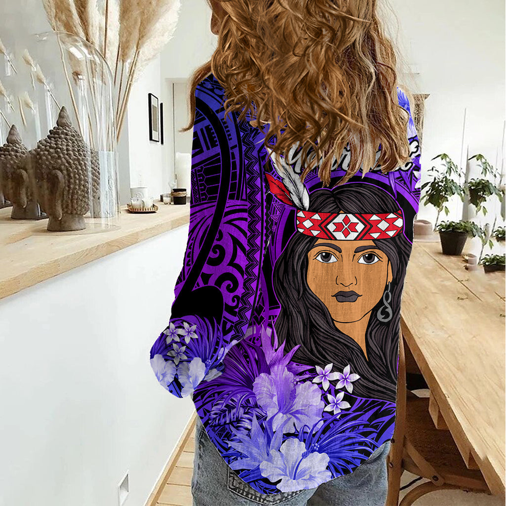 Neuseeland Custom Women's Day Frauen Casual Shirt Maori Mädchen Federn der Hoffnung - Lila LT9