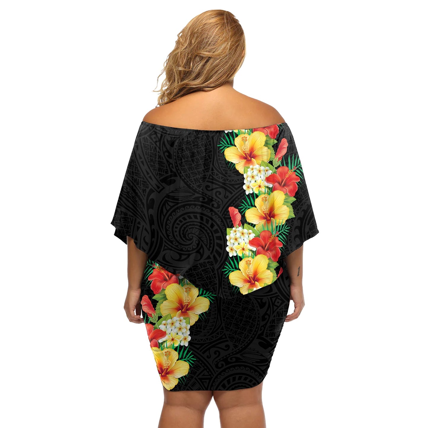 Hawaii Tropische Blumen Tribal Muster Off Shoulder Kurzes Kleid blumen No2 LT9