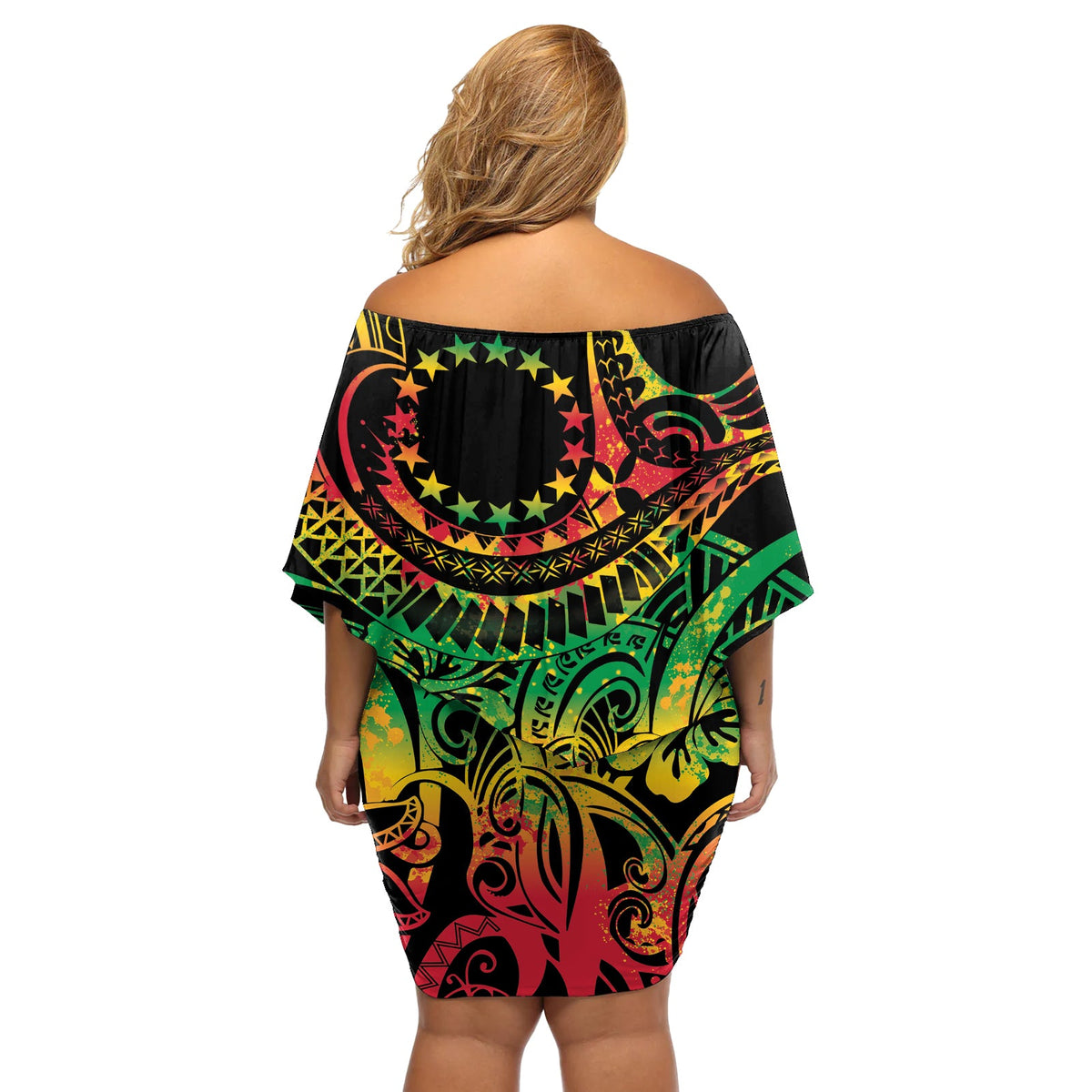 Cook Islands 15 Sterne Off Shoulder Kurzes blumen kleid Kuki Airani Polynesian Tribal Wave Tattoo LT9