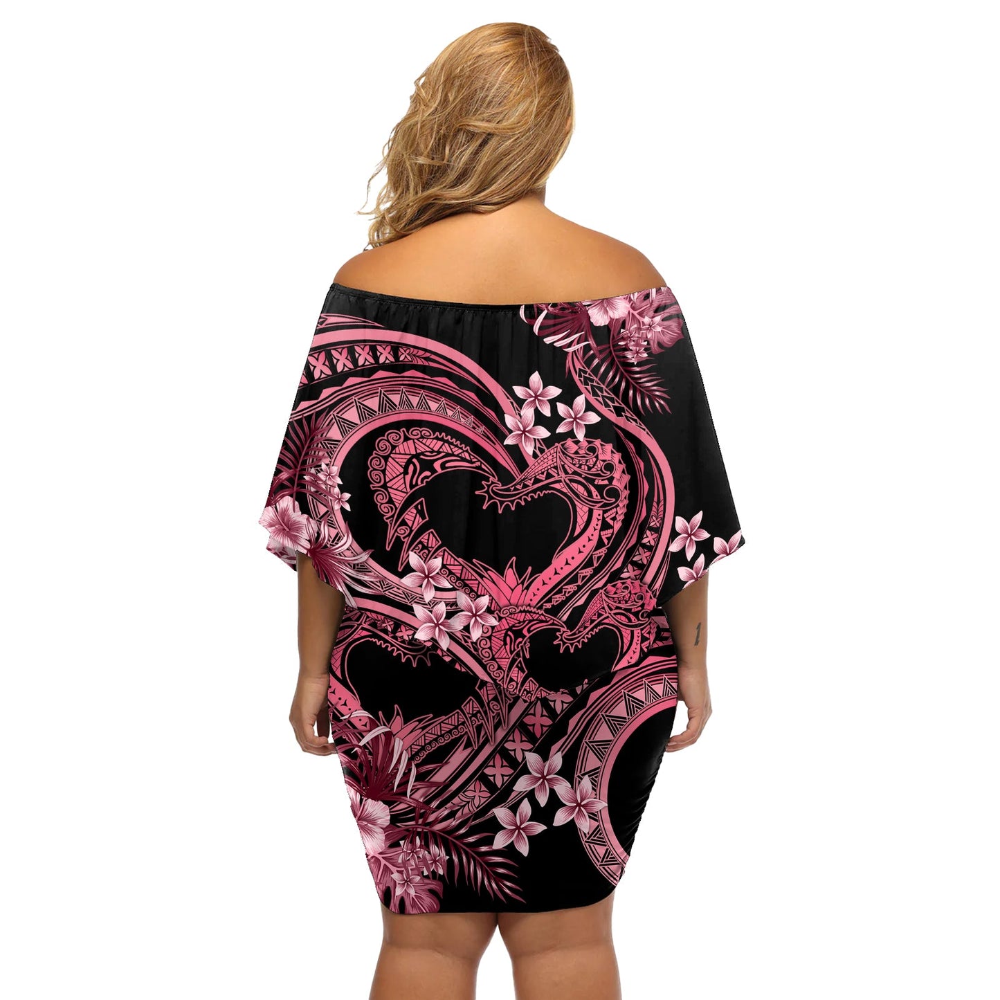 Polynesien Valentinstag Für immer in meinem Herzen Tattoo Off Schulter Kurzes Kleid blumen Rosa Stil LT9
