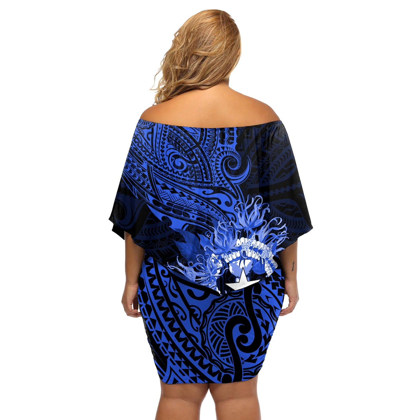 Nördliche Marianen Ylang-Ylang Mwarmwar Schulterfreies kurzes Kleid blumen Polynesisch Blau Stil LT9