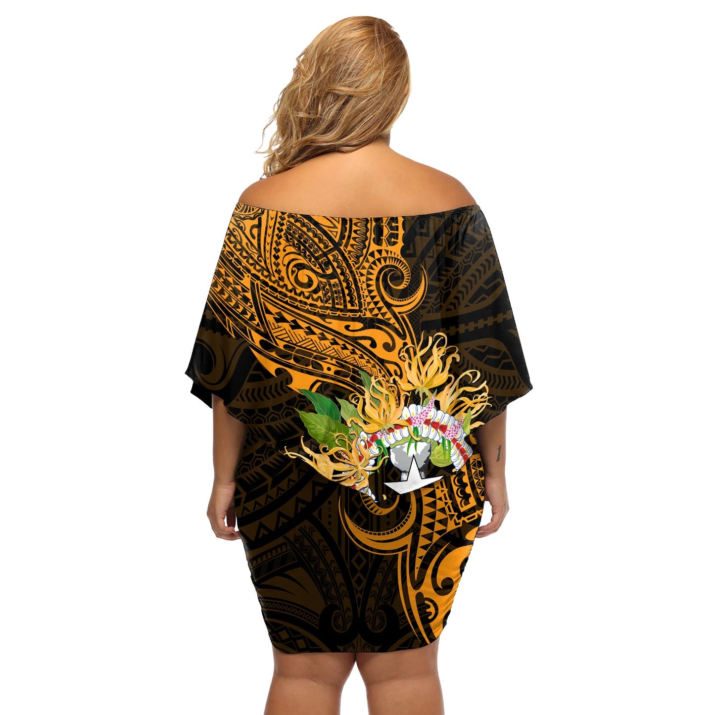 Nördliche Marianen Ylang-Ylang Mwarmwar Schulterfreies Kurzes Kleid blumen Polynesischer Goldstil LT9