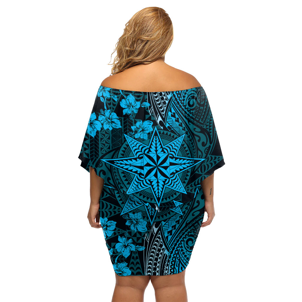 Vintage Tonga Tribal Ngatu Muster Off Shoulder Kurzes Kleid mit blumen mit Pacific Floral Aqua Art LT9