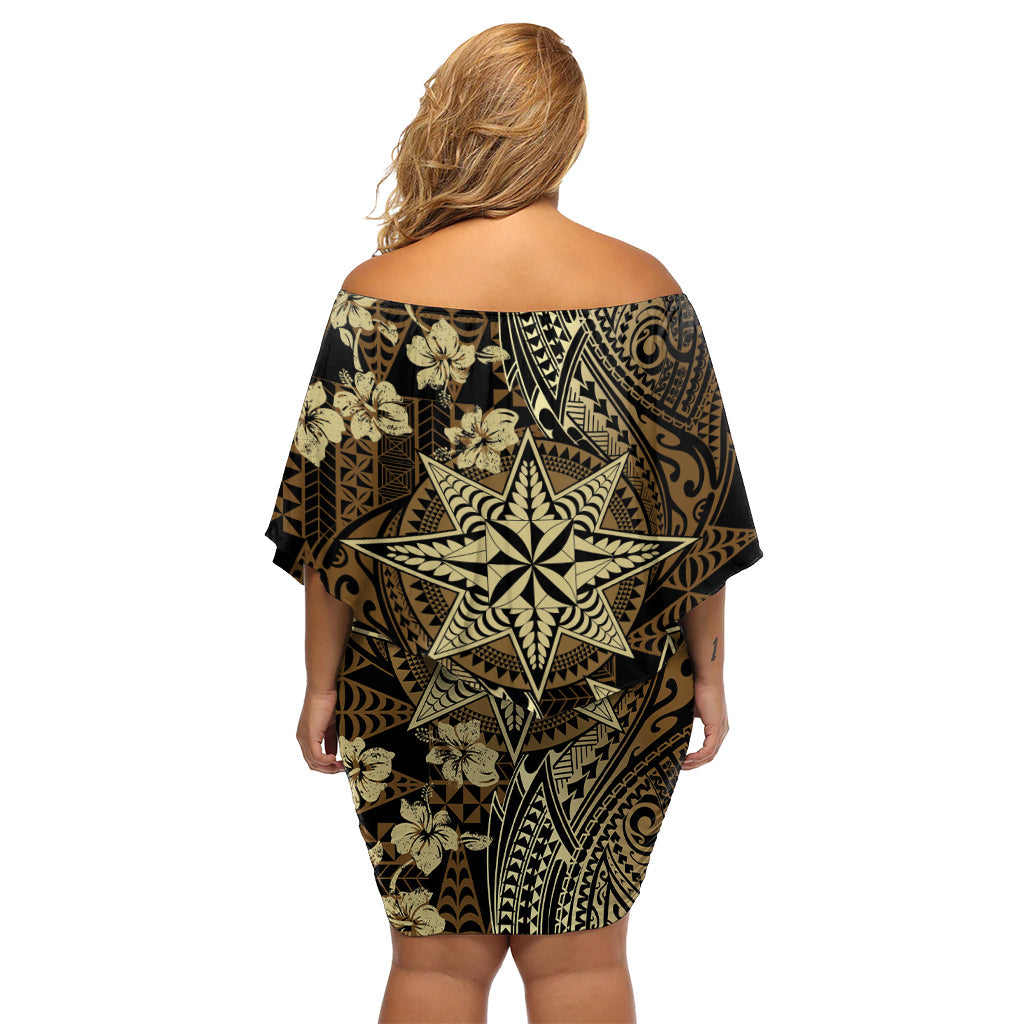 Vintage Tonga Tribal Ngatu Muster Off Shoulder Kurzes Kleid Blumen mit Pacific Floral Braun Art LT9
