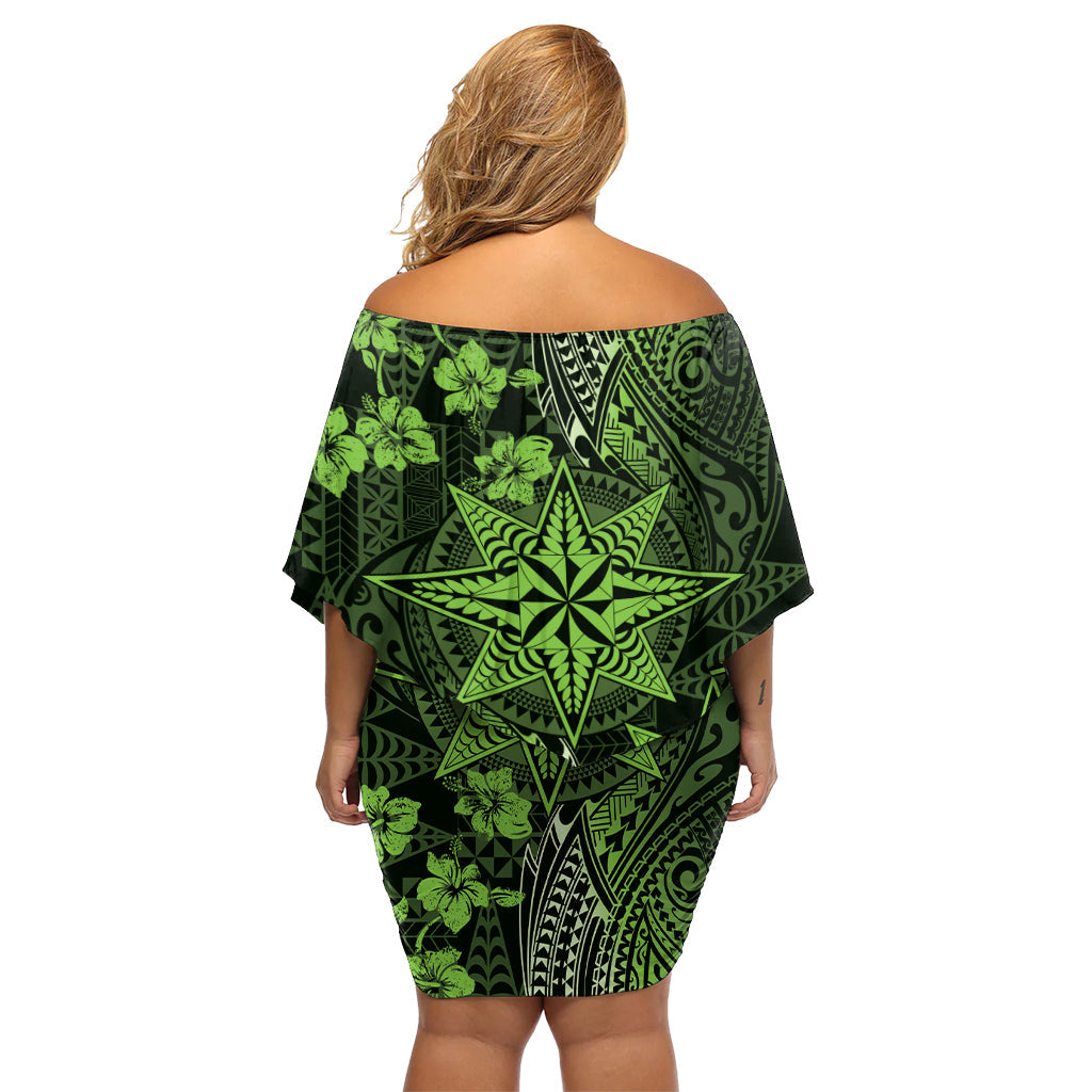 Vintage Tonga Tribal Ngatu Muster Off Shoulder Kurzes Kleid Blumen mit Pacific Floral Lime Green Art LT9