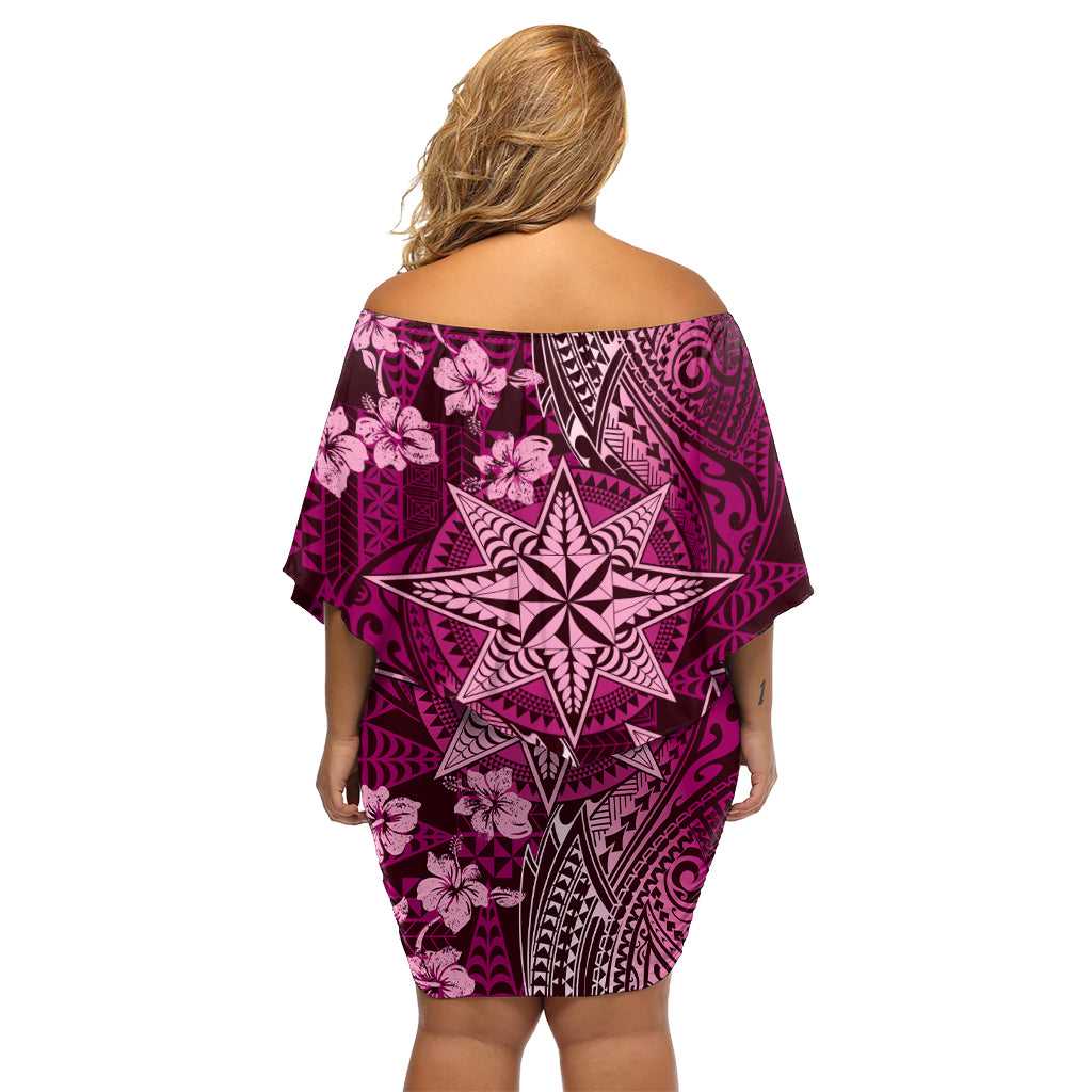 Vintage Tonga Tribal Ngatu Muster Off Shoulder Kurzes Kleid Blumen mit Pacific Floral Pink Art LT9