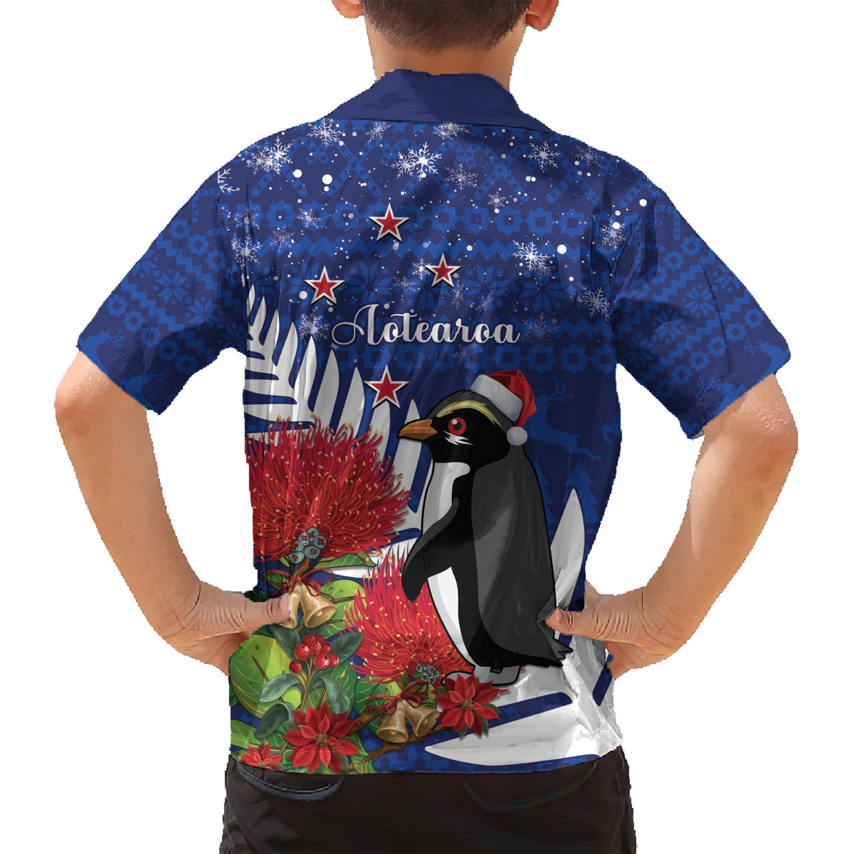 Neuseeland Weihnachten im Juli Hawaiihemd Fiordland-Pinguin mit Pohutukawa-Blume LT14