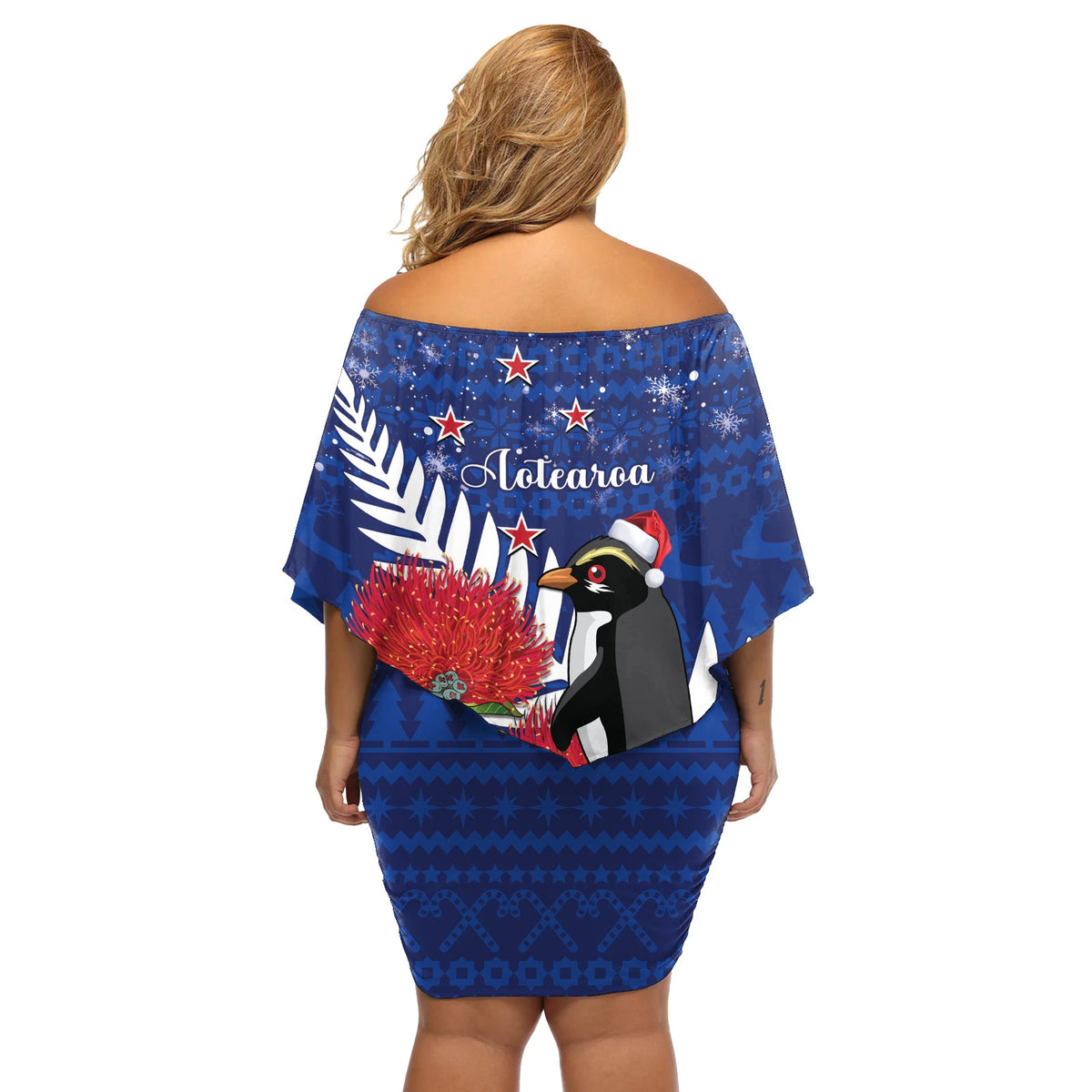Neuseeland Weihnachten im Juli Schulterfreies kurzes blumen kleid Fiordland-Pinguin mit Pohutukawa-Blume LT14