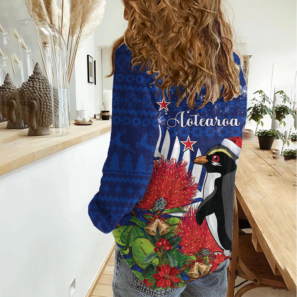 Neuseeland Weihnachten im Juli Frauen Casual Shirt Fiordland Pinguin mit Pohutukawa Blume LT14