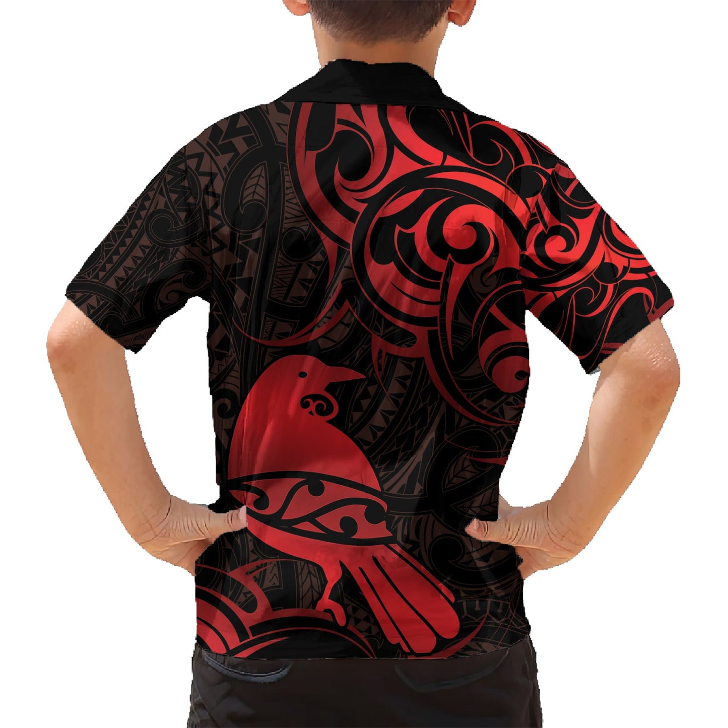 Hawaiihemd mit neuseeländischem Tui-Vogel-Muster, Aotearoa, Maori-Muster – Rot LT14